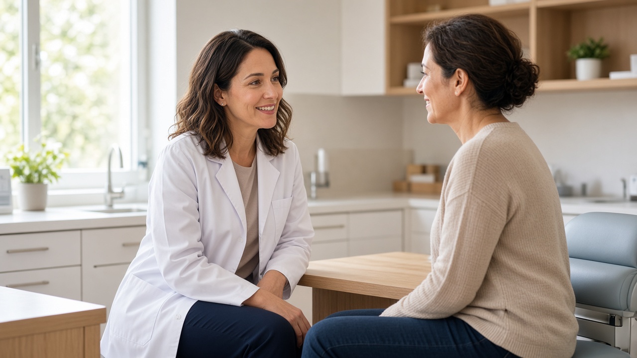Clinician consulting with a patient in an exam room
